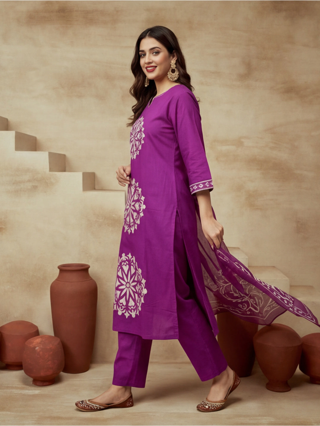 Embroidered Pure Cotton Keyhole Neck Kurta & Trousers With Dupatta