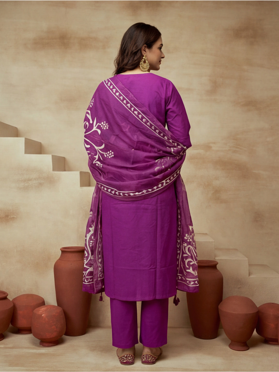 Embroidered Pure Cotton Keyhole Neck Kurta & Trousers With Dupatta