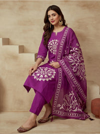 Embroidered Pure Cotton Keyhole Neck Kurta & Trousers With Dupatta