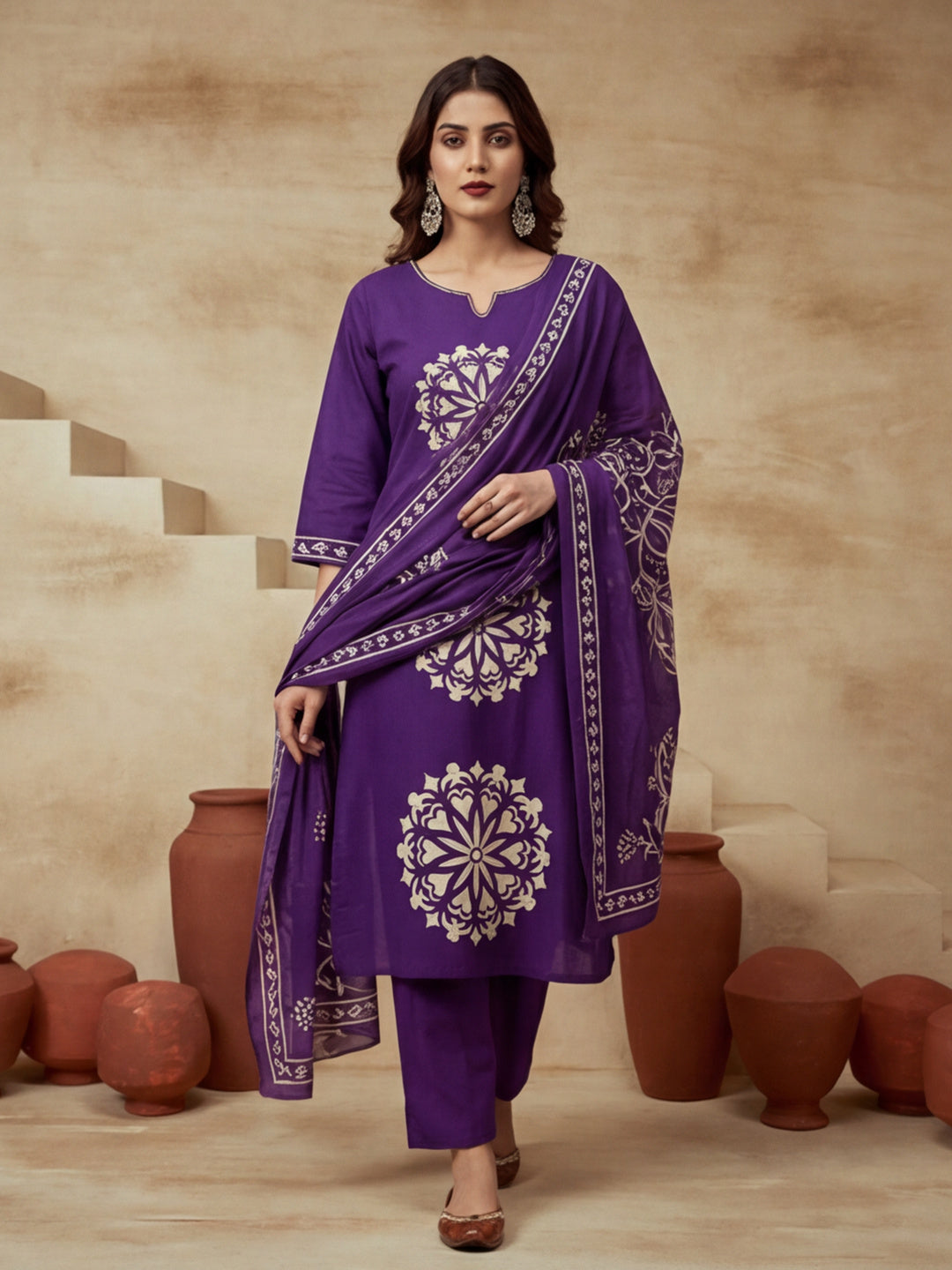 Printed Cotton Notched Neck Kurta & Trousers With Dupatta