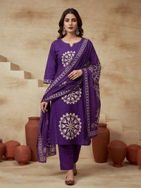 Printed Cotton Notched Neck Kurta & Trousers With Dupatta