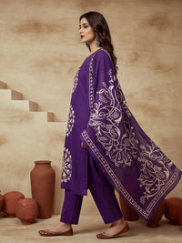 Printed Cotton Notched Neck Kurta & Trousers With Dupatta