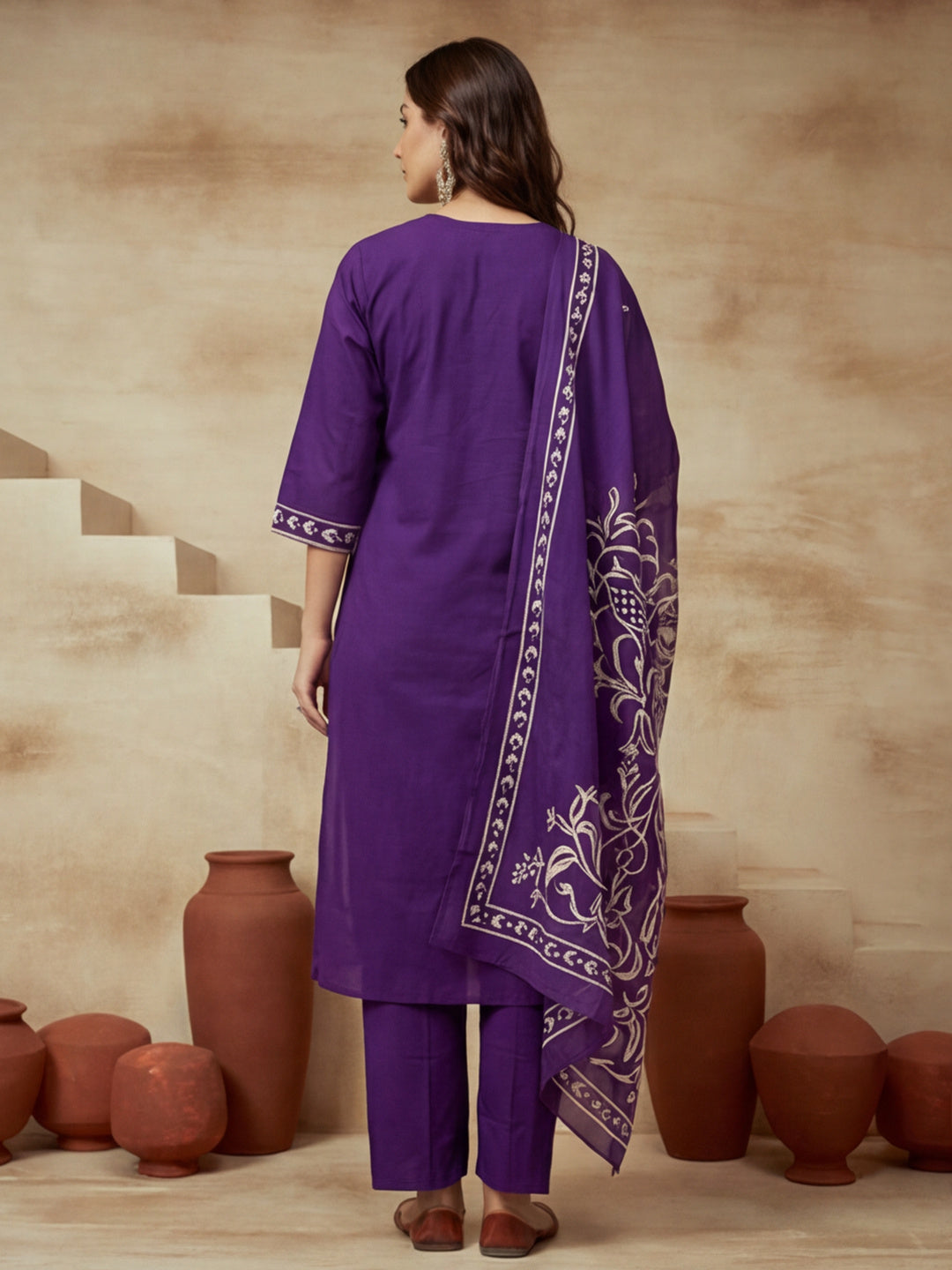 Printed Cotton Notched Neck Kurta & Trousers With Dupatta