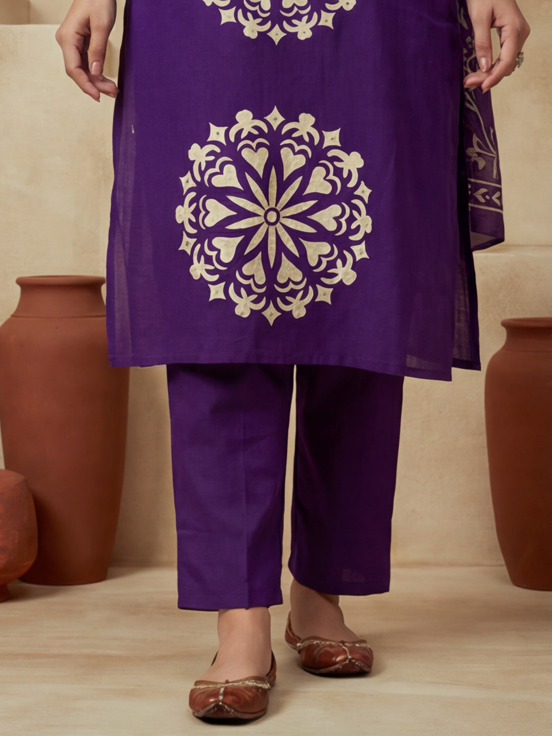 Printed Cotton Notched Neck Kurta & Trousers With Dupatta