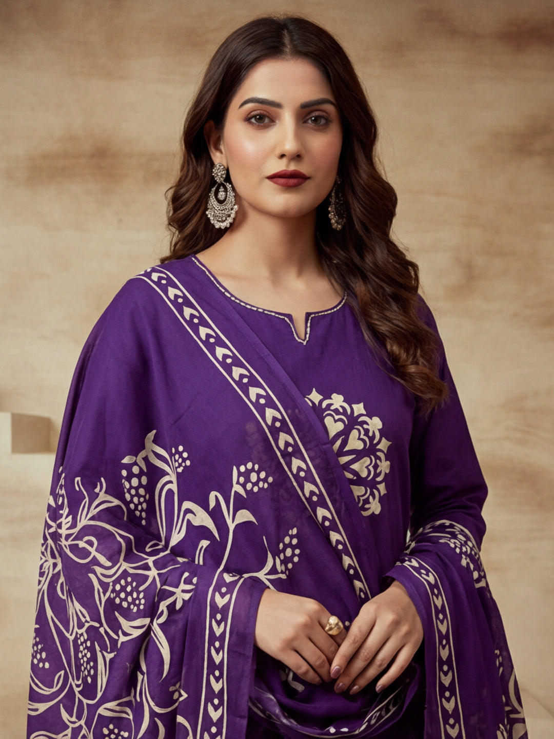 Printed Cotton Notched Neck Kurta & Trousers With Dupatta