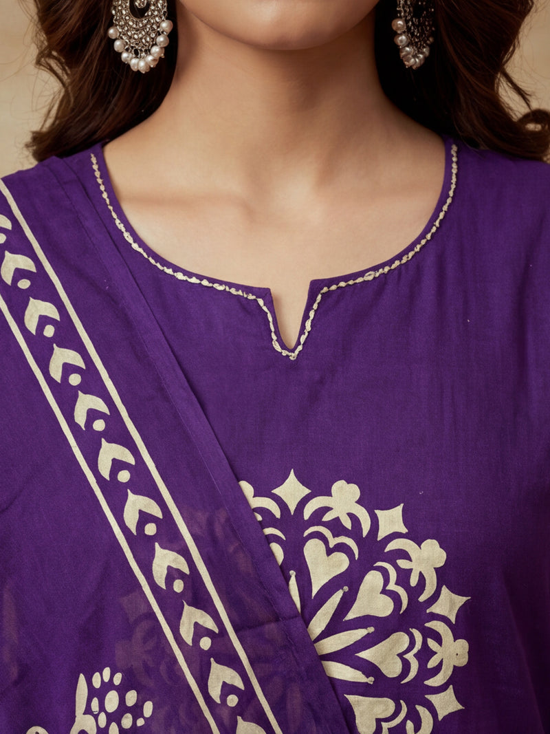Printed Cotton Notched Neck Kurta & Trousers With Dupatta