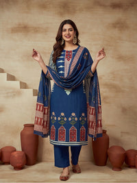 Embroidered Cotton Blend Round Neck Kurta & Trousers With Dupatta
