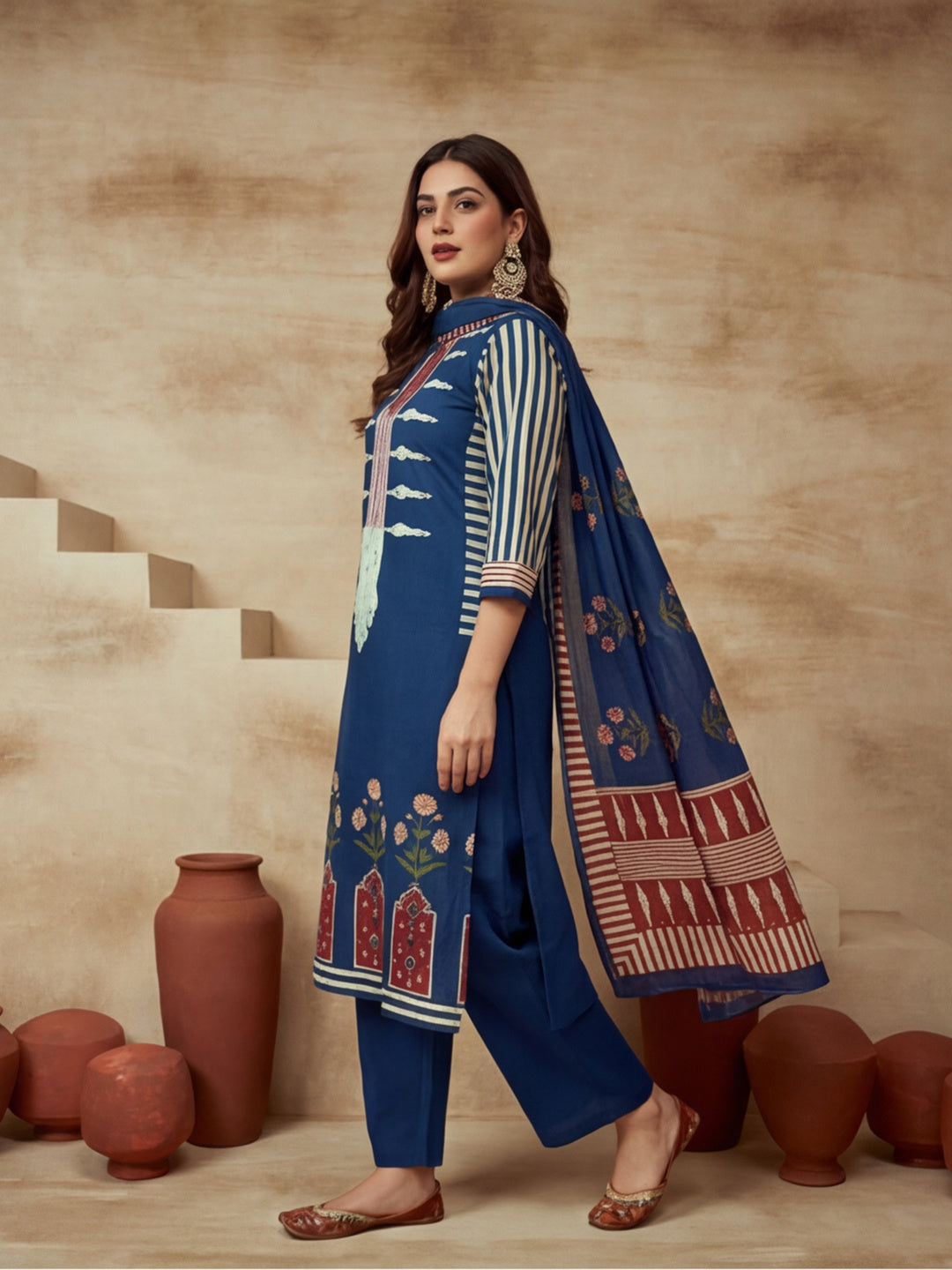 Embroidered Cotton Blend Round Neck Kurta & Trousers With Dupatta