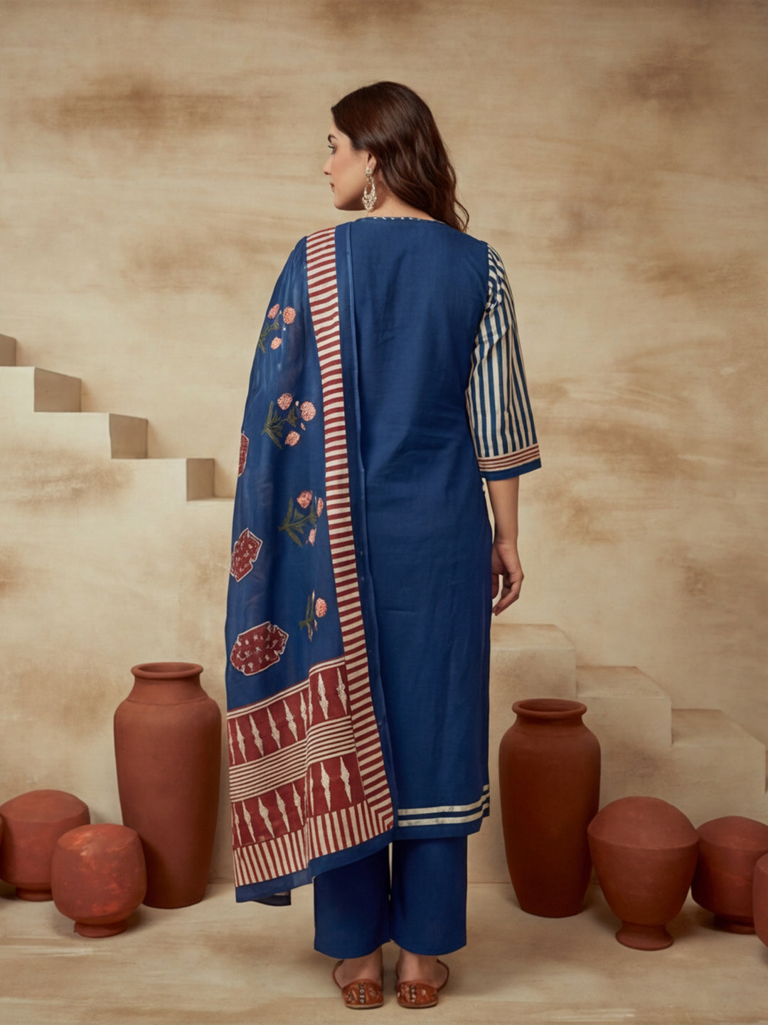 Embroidered Cotton Blend Round Neck Kurta & Trousers With Dupatta
