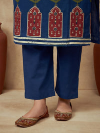 Embroidered Cotton Blend Round Neck Kurta & Trousers With Dupatta