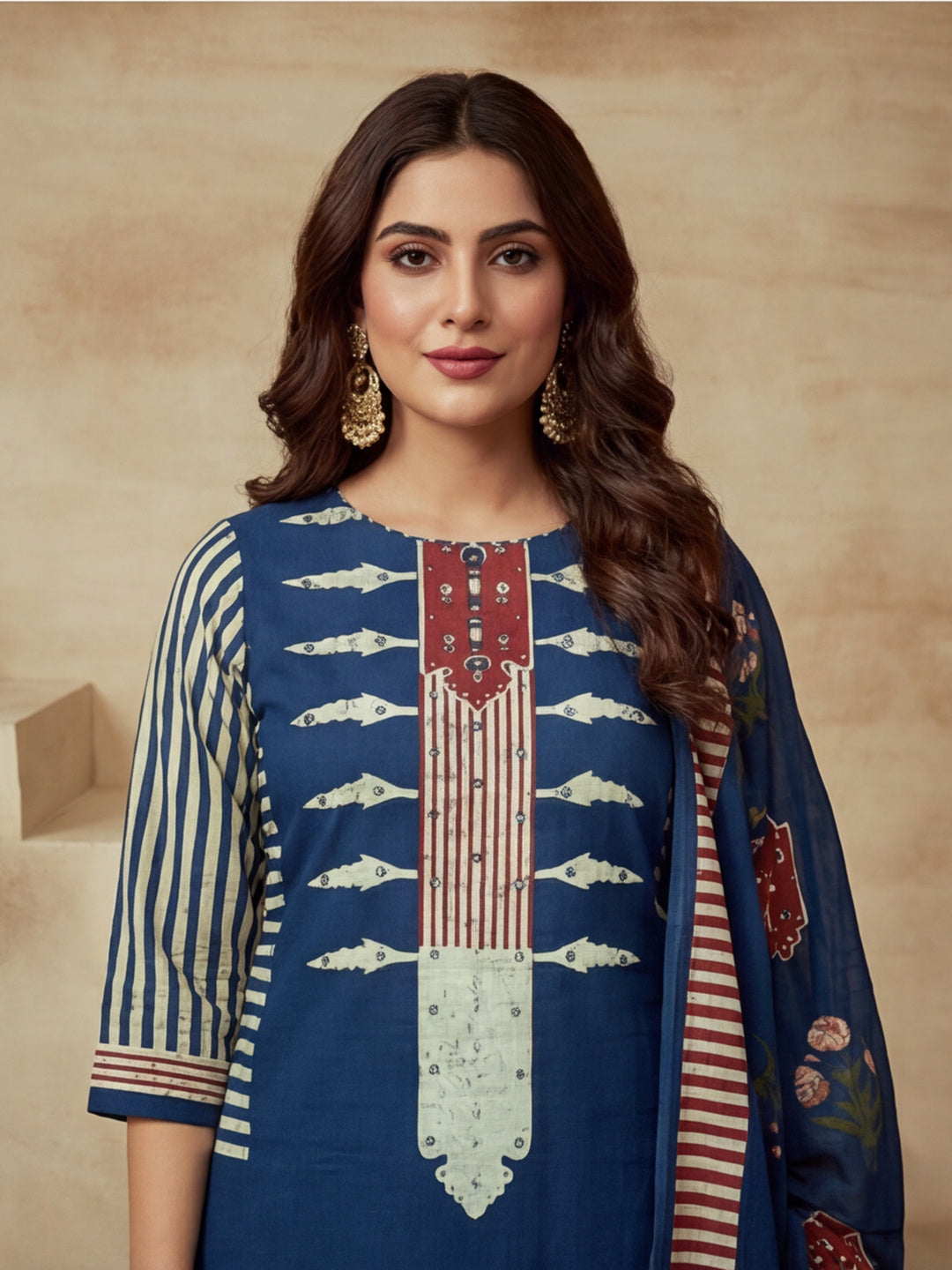Embroidered Cotton Blend Round Neck Kurta & Trousers With Dupatta