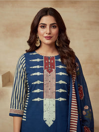 Embroidered Cotton Blend Round Neck Kurta & Trousers With Dupatta