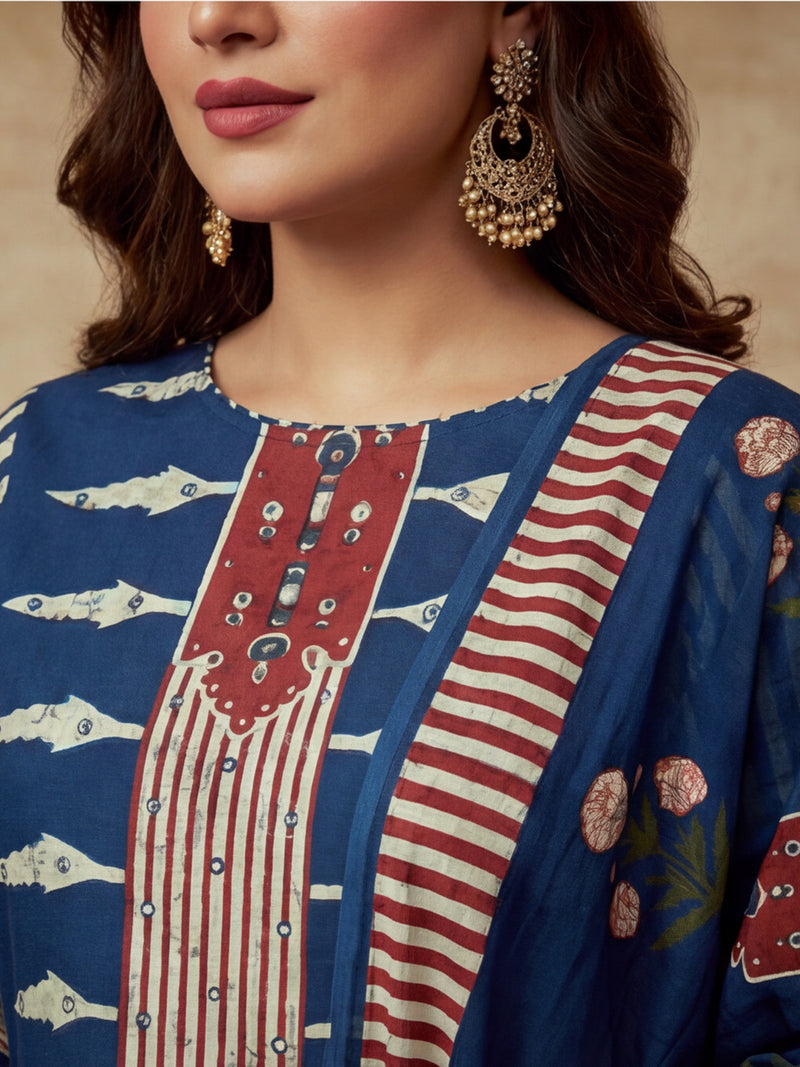 Embroidered Cotton Blend Round Neck Kurta & Trousers With Dupatta