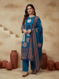Printed Notched Neck Kurta & Trousers With Dupatta