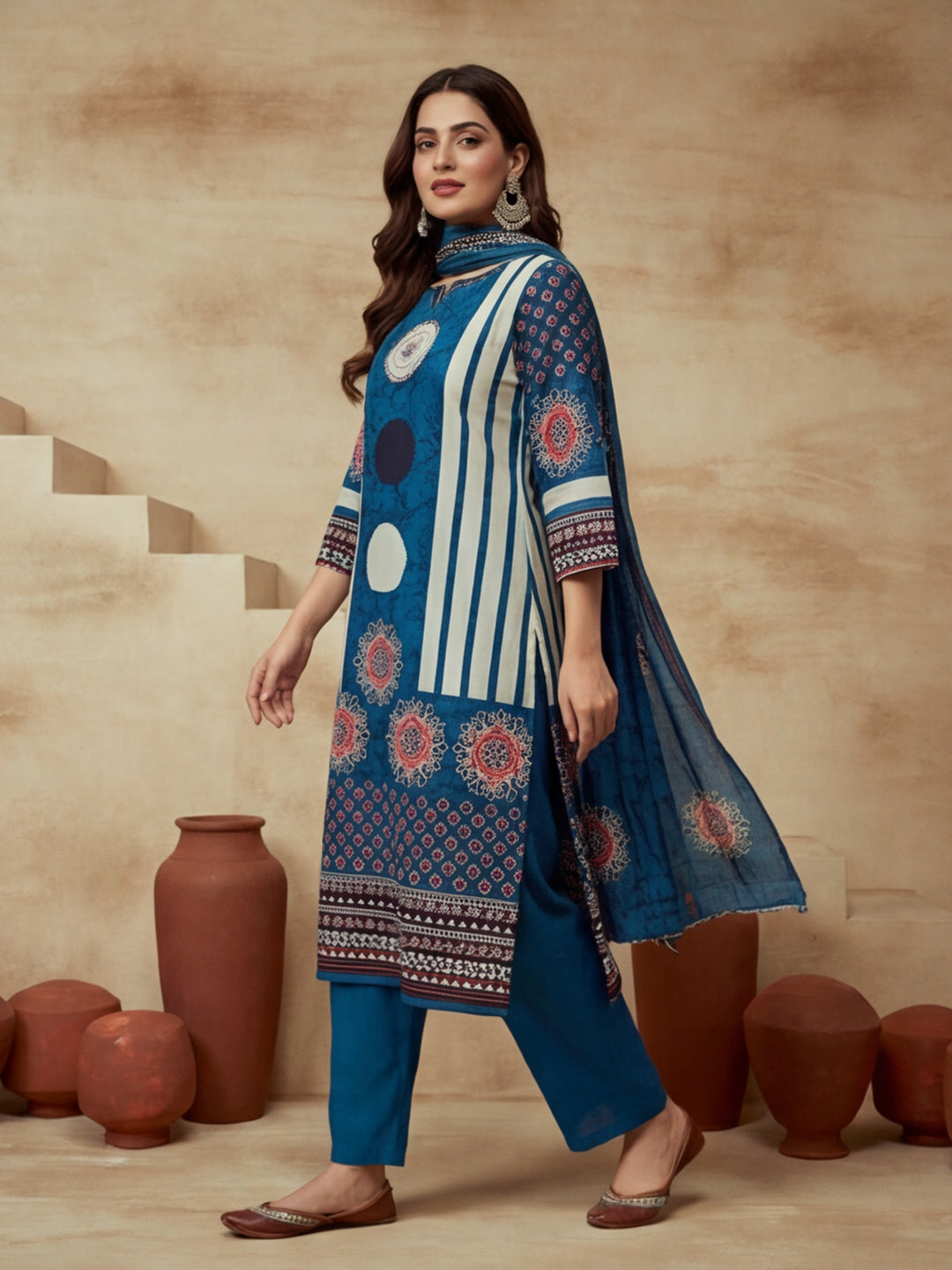 Printed Notched Neck Kurta & Trousers With Dupatta