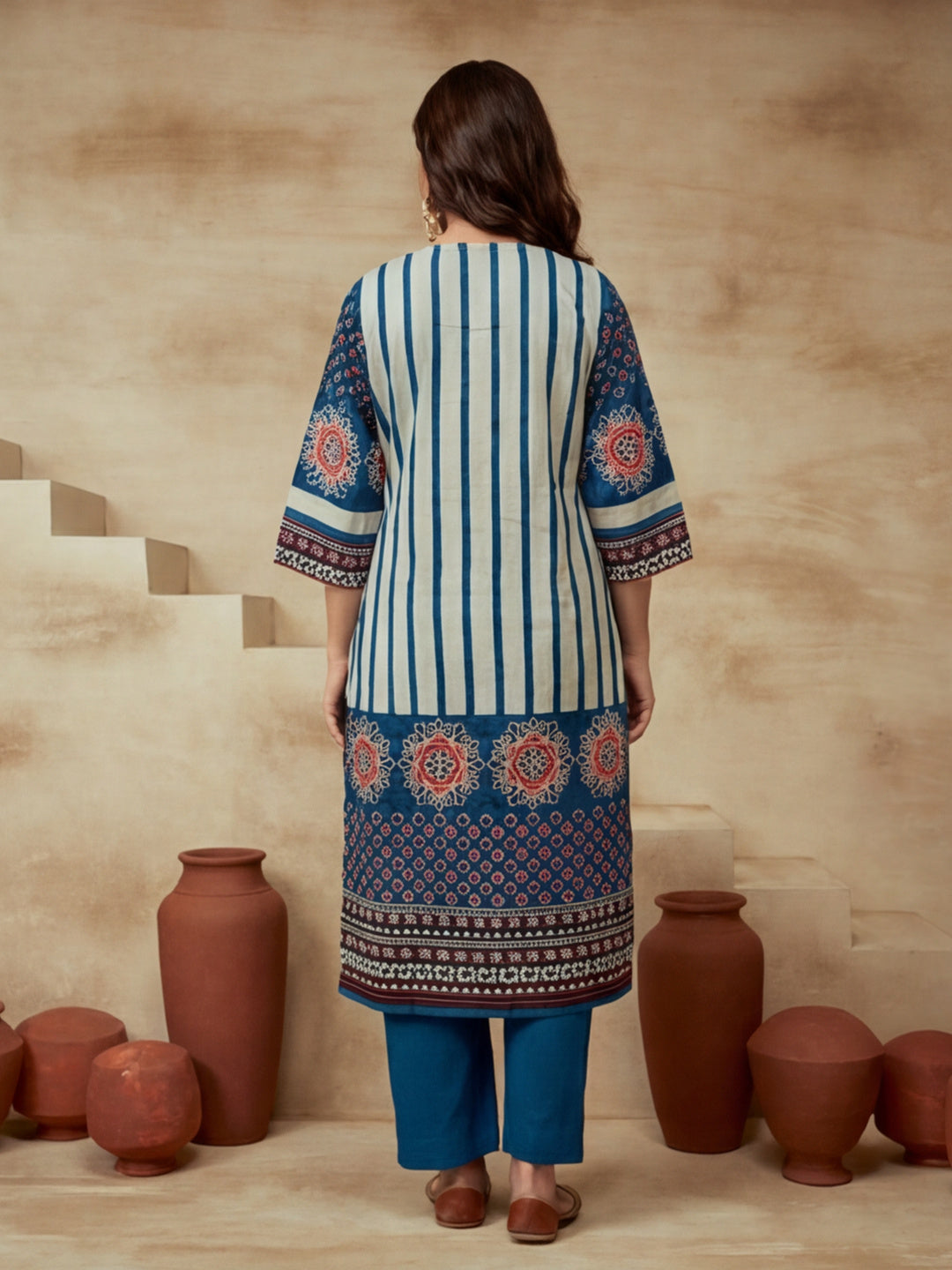 Printed Notched Neck Kurta & Trousers With Dupatta