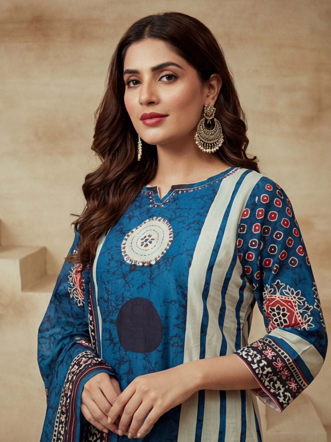 Printed Notched Neck Kurta & Trousers With Dupatta