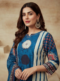 Printed Notched Neck Kurta & Trousers With Dupatta