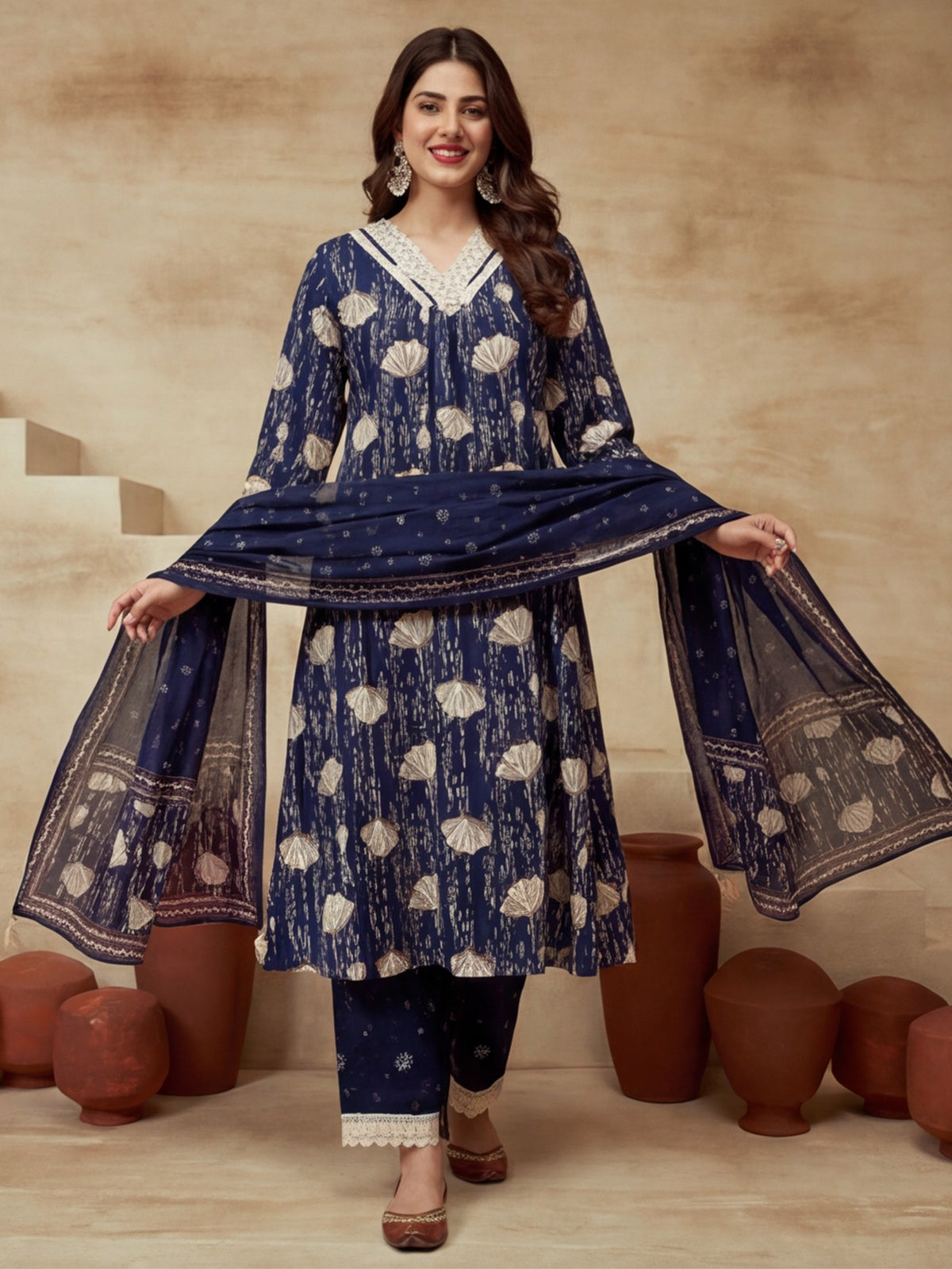 Embroidered Round Neck Kurta & Trousers With Dupatta