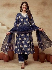 Embroidered Round Neck Kurta & Trousers With Dupatta