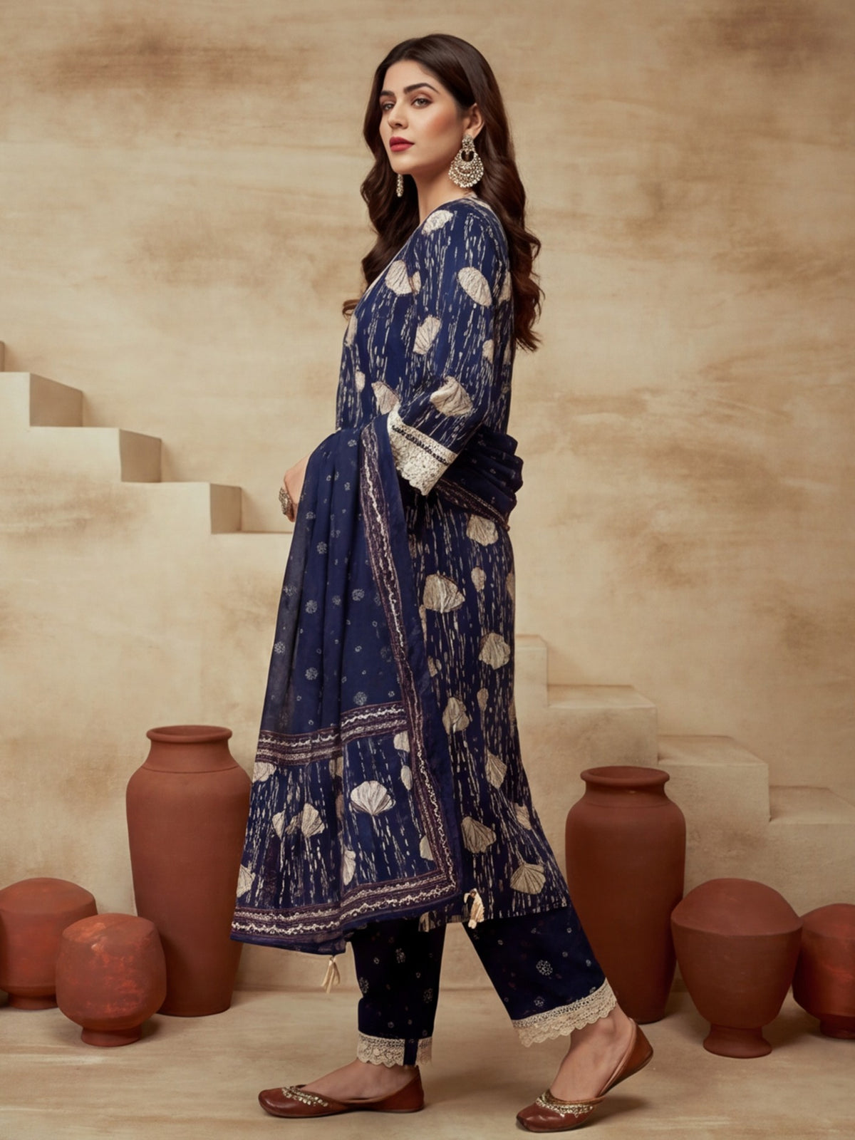 Embroidered Round Neck Kurta & Trousers With Dupatta