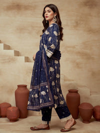 Embroidered Round Neck Kurta & Trousers With Dupatta