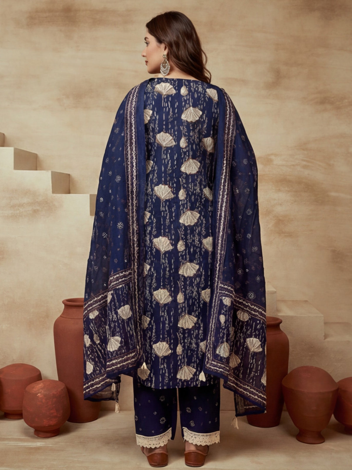Embroidered Round Neck Kurta & Trousers With Dupatta