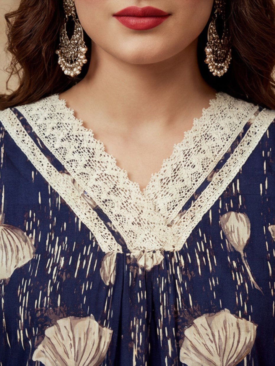 Embroidered Round Neck Kurta & Trousers With Dupatta