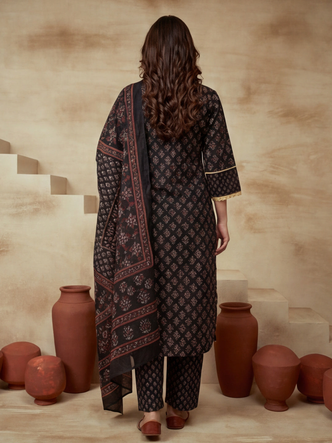Self Design Pure Cotton Round Neck Kurti & Trousers With Dupatta