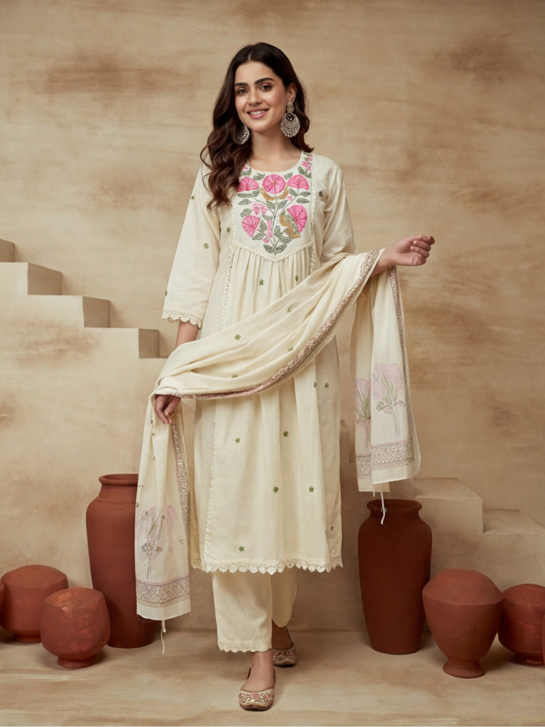 Embroidered Round Neck Kurta & Trousers With Dupatta