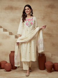 Embroidered Round Neck Kurta & Trousers With Dupatta