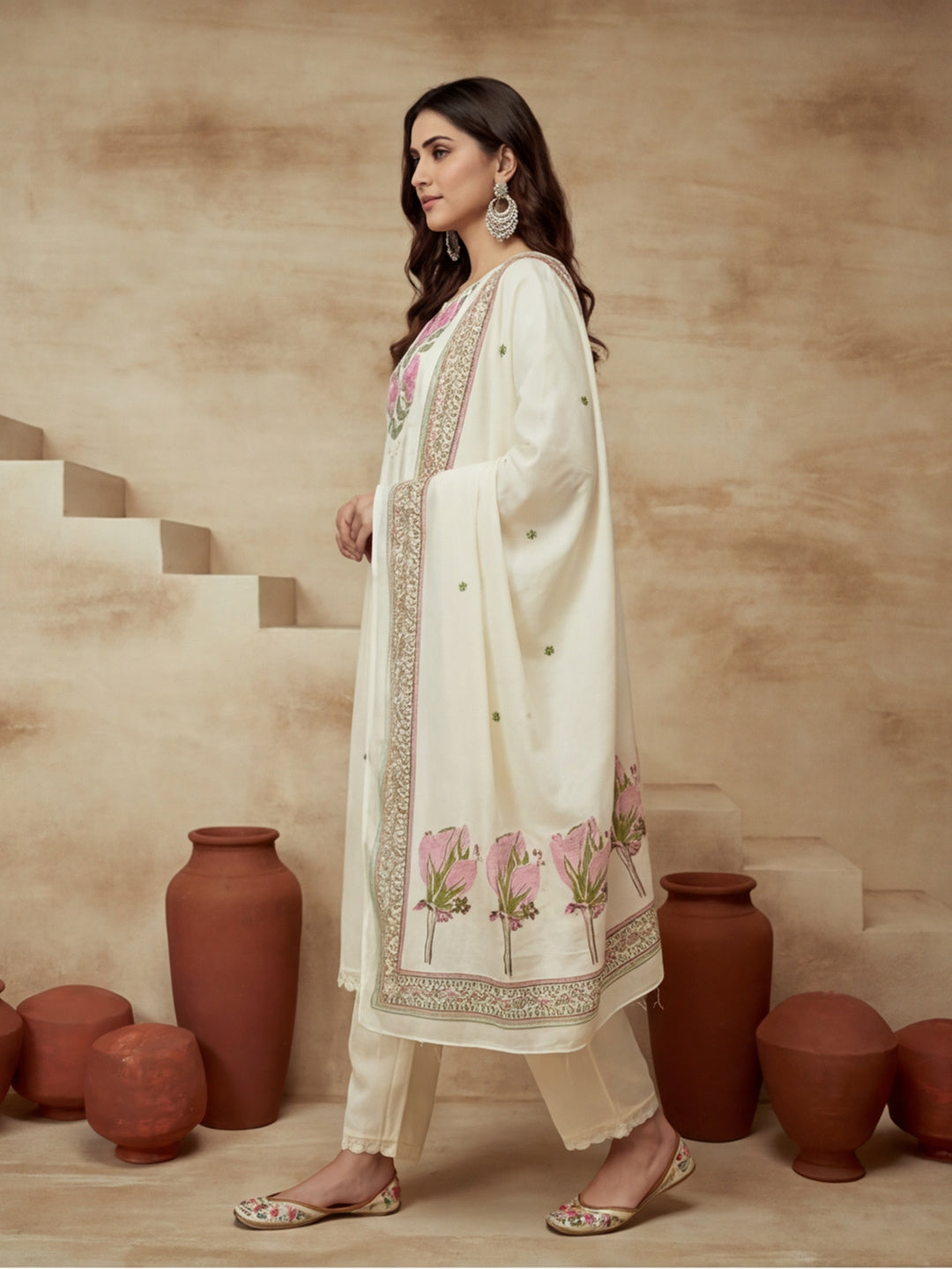 Embroidered Round Neck Kurta & Trousers With Dupatta