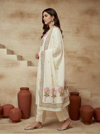Embroidered Round Neck Kurta & Trousers With Dupatta