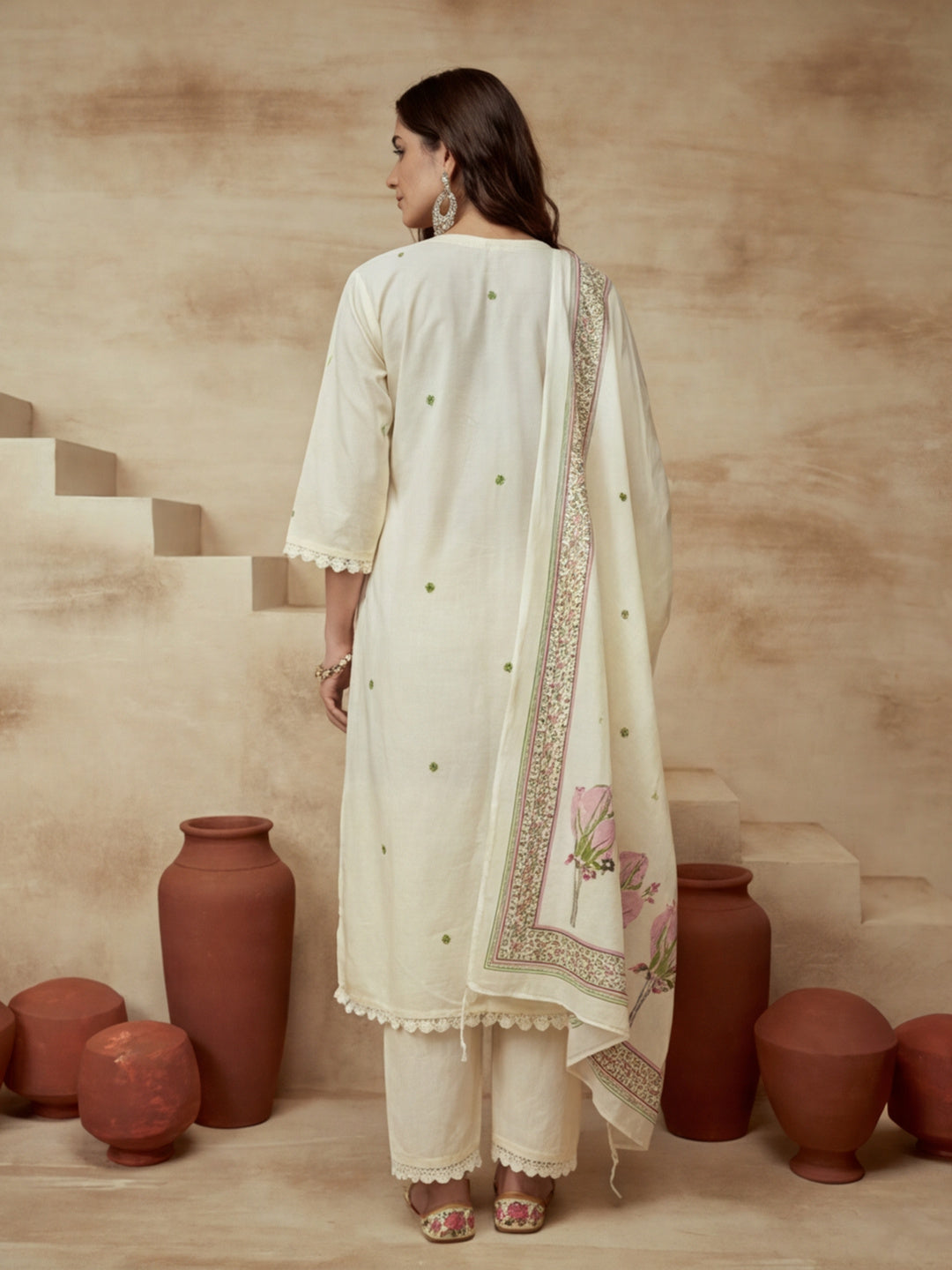 Embroidered Round Neck Kurta & Trousers With Dupatta