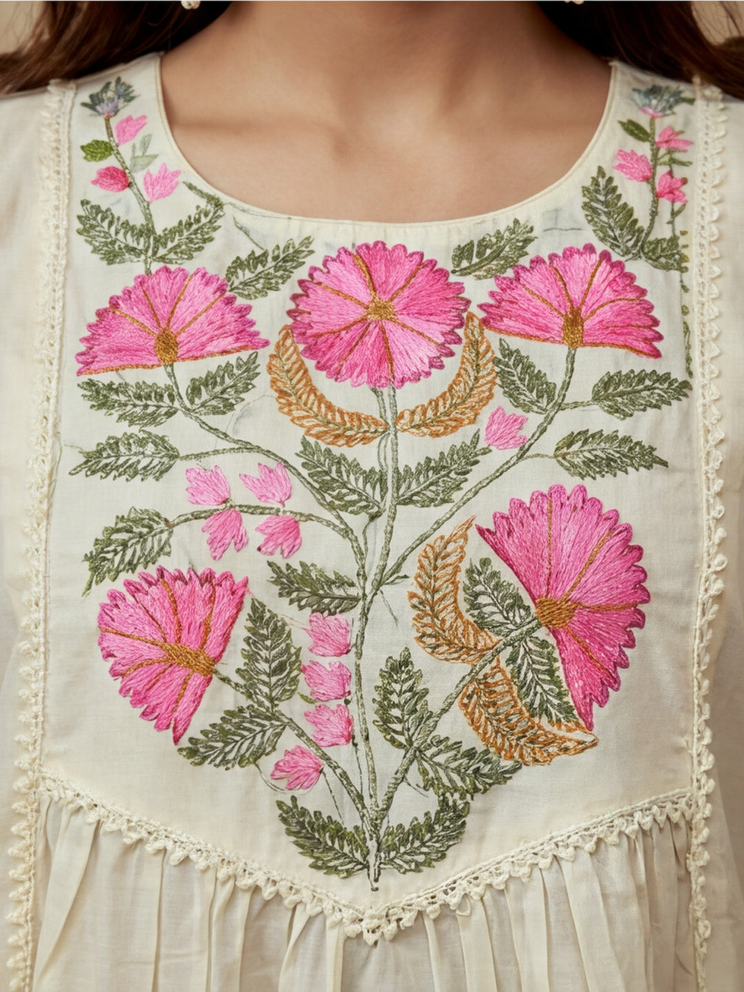 Embroidered Round Neck Kurta & Trousers With Dupatta