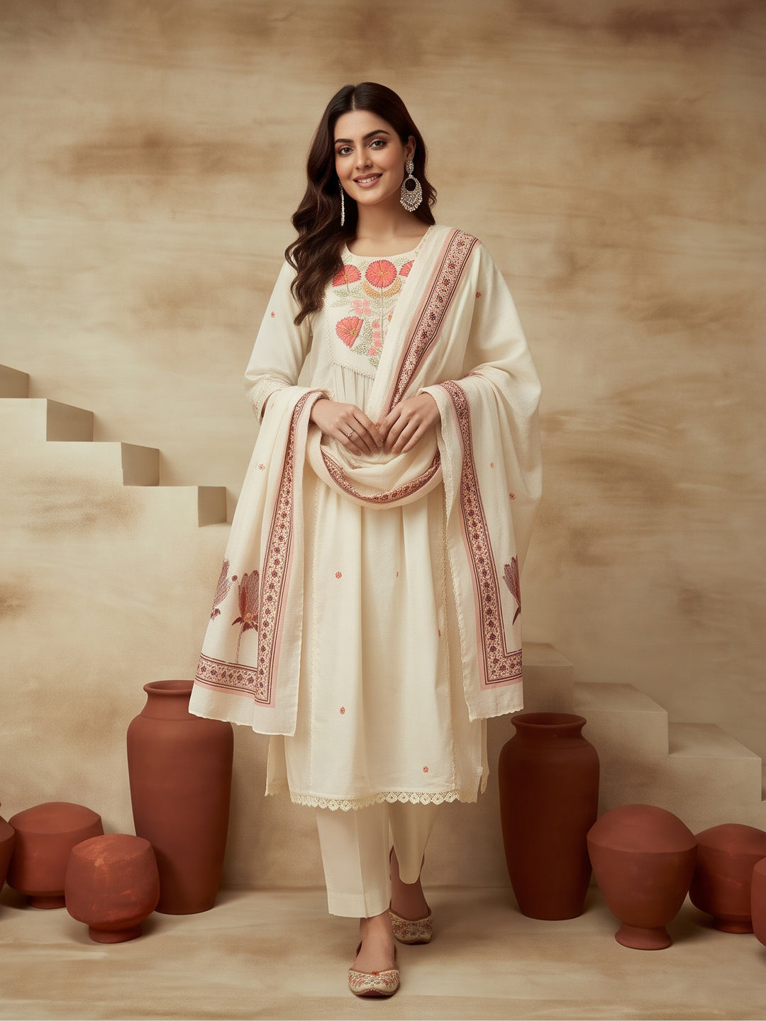 Embroidered Cotton Blend Round Neck Kurta & Trousers With Dupatta