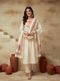 Embroidered Cotton Blend Round Neck Kurta & Trousers With Dupatta