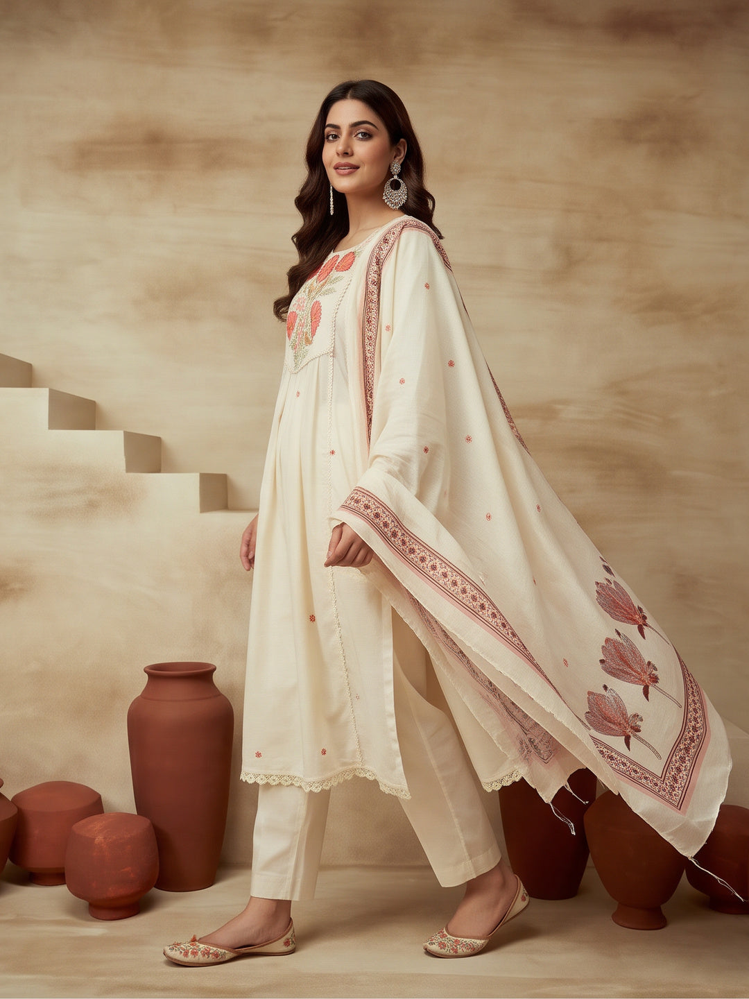 Embroidered Cotton Blend Round Neck Kurta & Trousers With Dupatta
