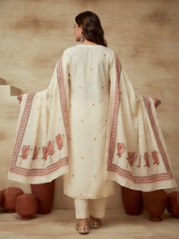 Embroidered Cotton Blend Round Neck Kurta & Trousers With Dupatta