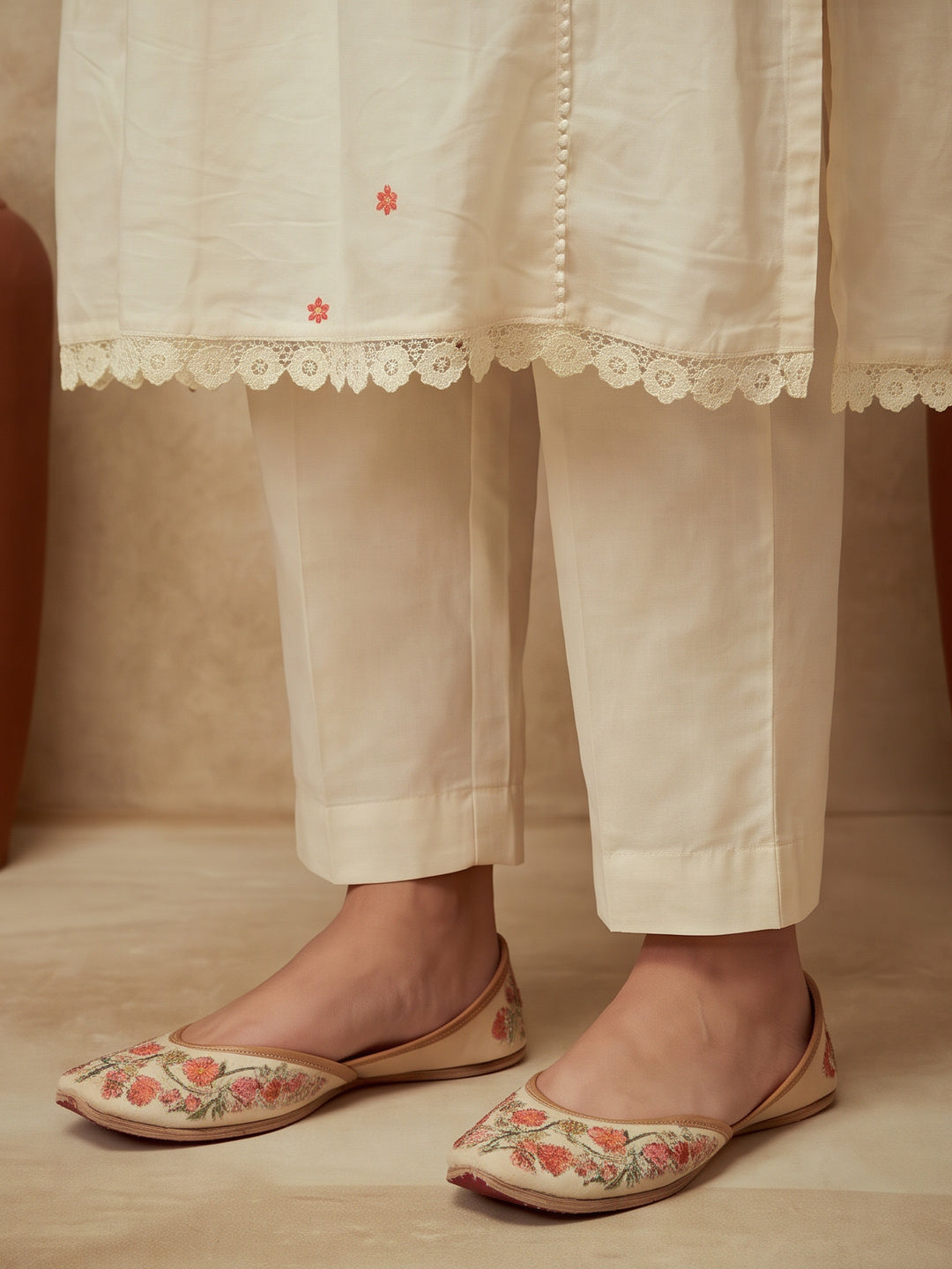 Embroidered Cotton Blend Round Neck Kurta & Trousers With Dupatta