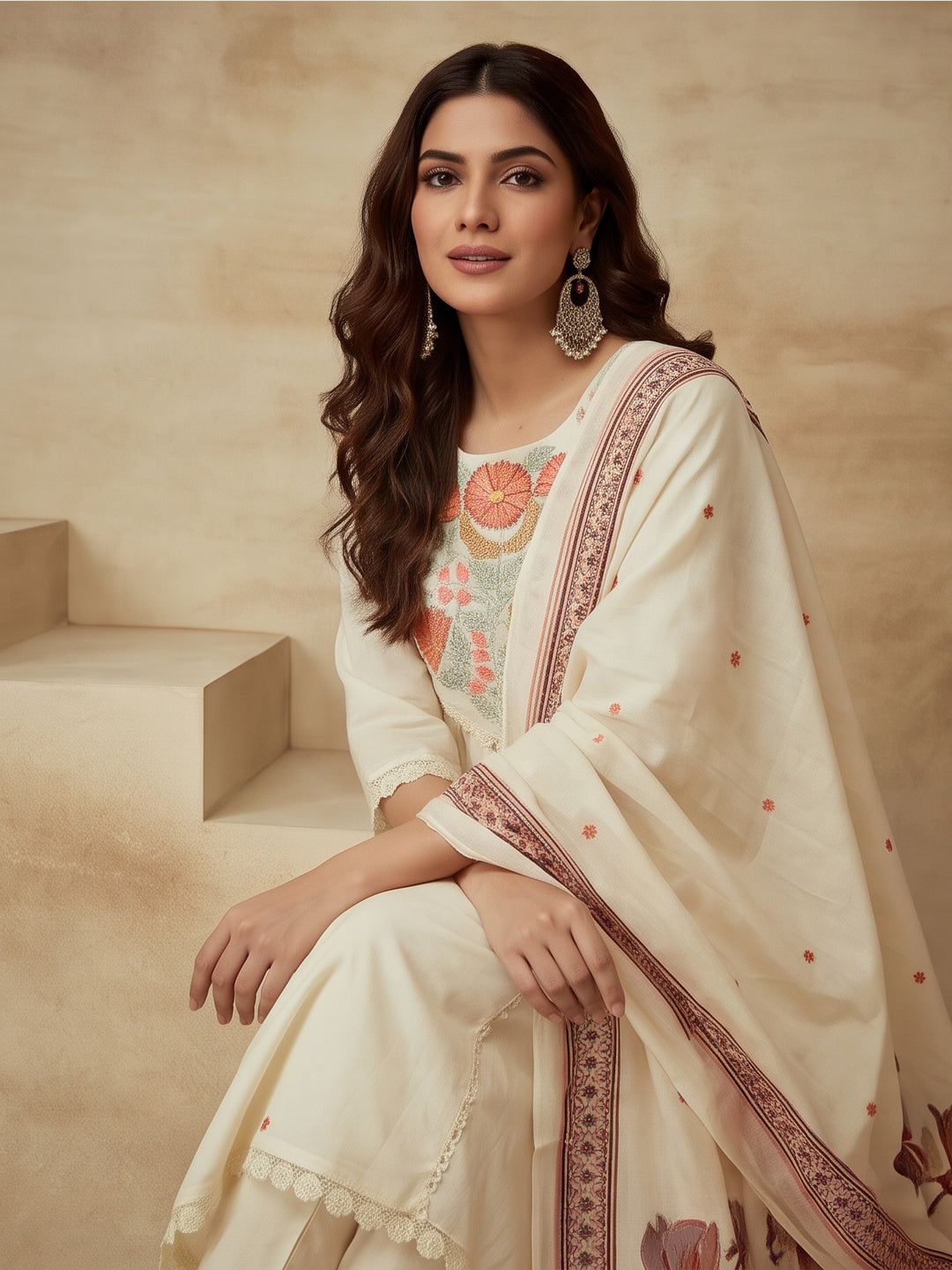 Embroidered Cotton Blend Round Neck Kurta & Trousers With Dupatta