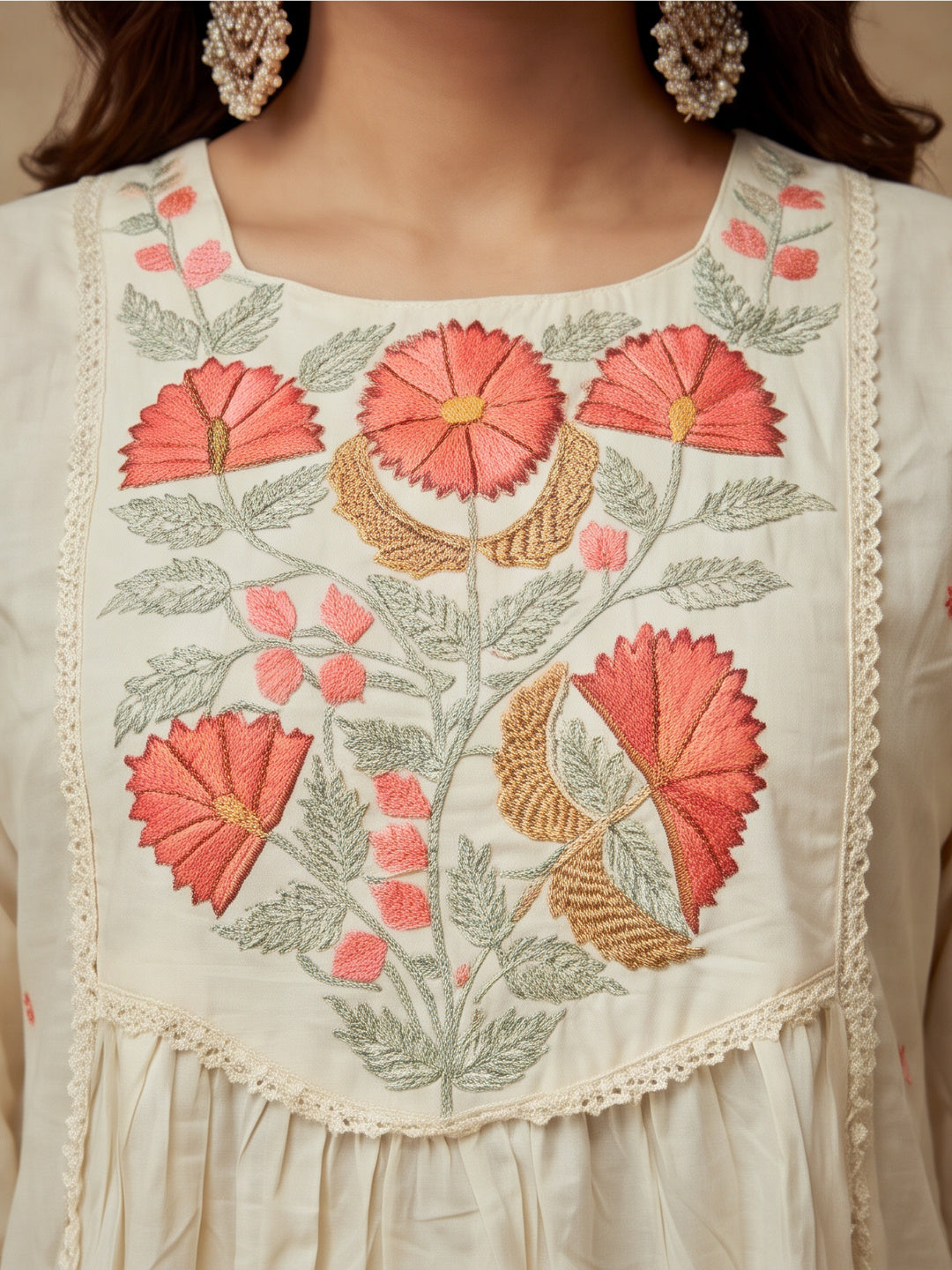 Embroidered Cotton Blend Round Neck Kurta & Trousers With Dupatta