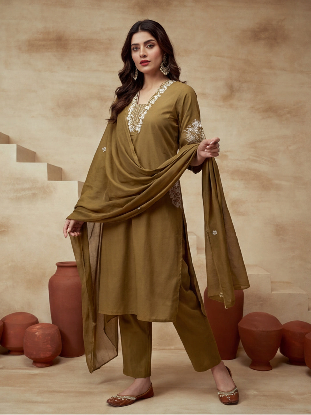Floral Embroidered A-Line Cotton Cambric Kurta & Trousers Sets