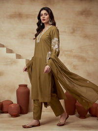 Floral Embroidered A-Line Cotton Cambric Kurta & Trousers Sets