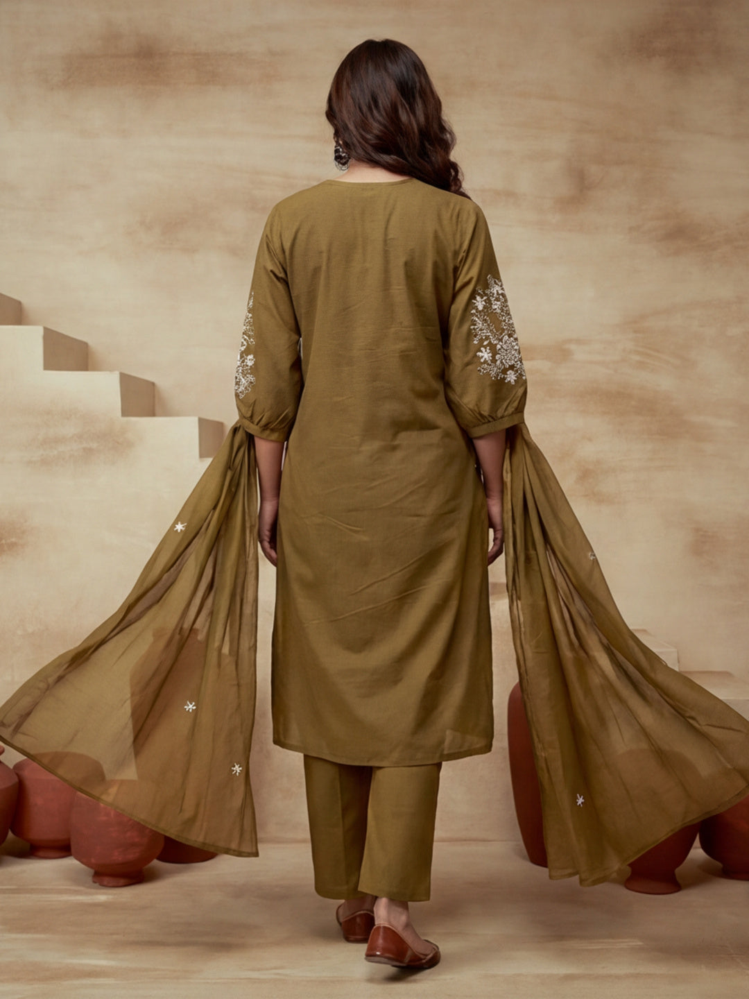 Floral Embroidered A-Line Cotton Cambric Kurta & Trousers Sets