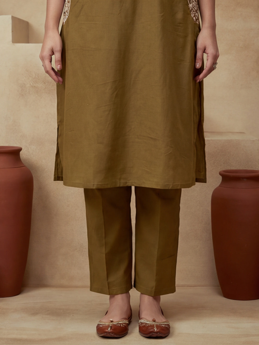 Floral Embroidered A-Line Cotton Cambric Kurta & Trousers Sets