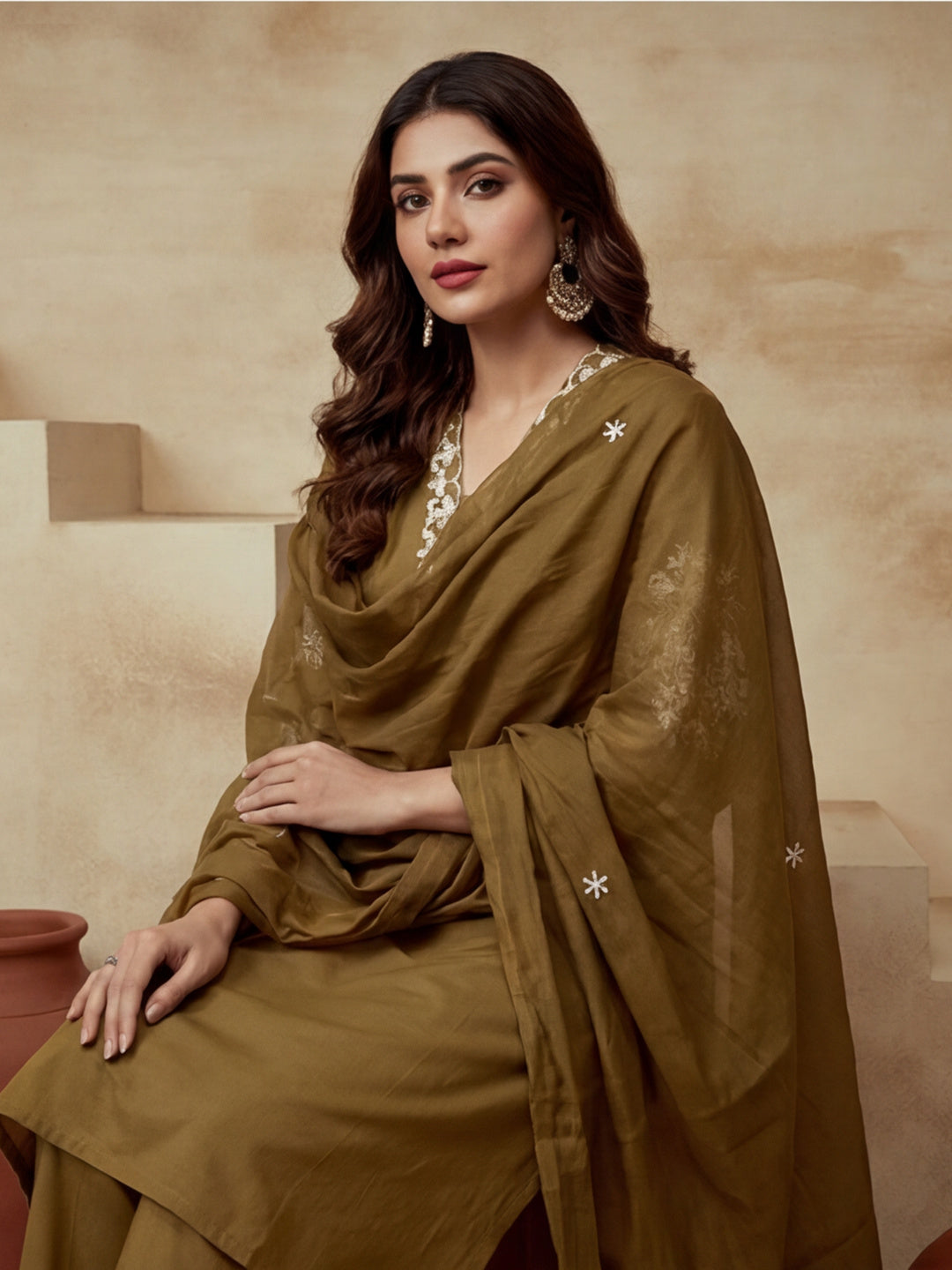 Floral Embroidered A-Line Cotton Cambric Kurta & Trousers Sets