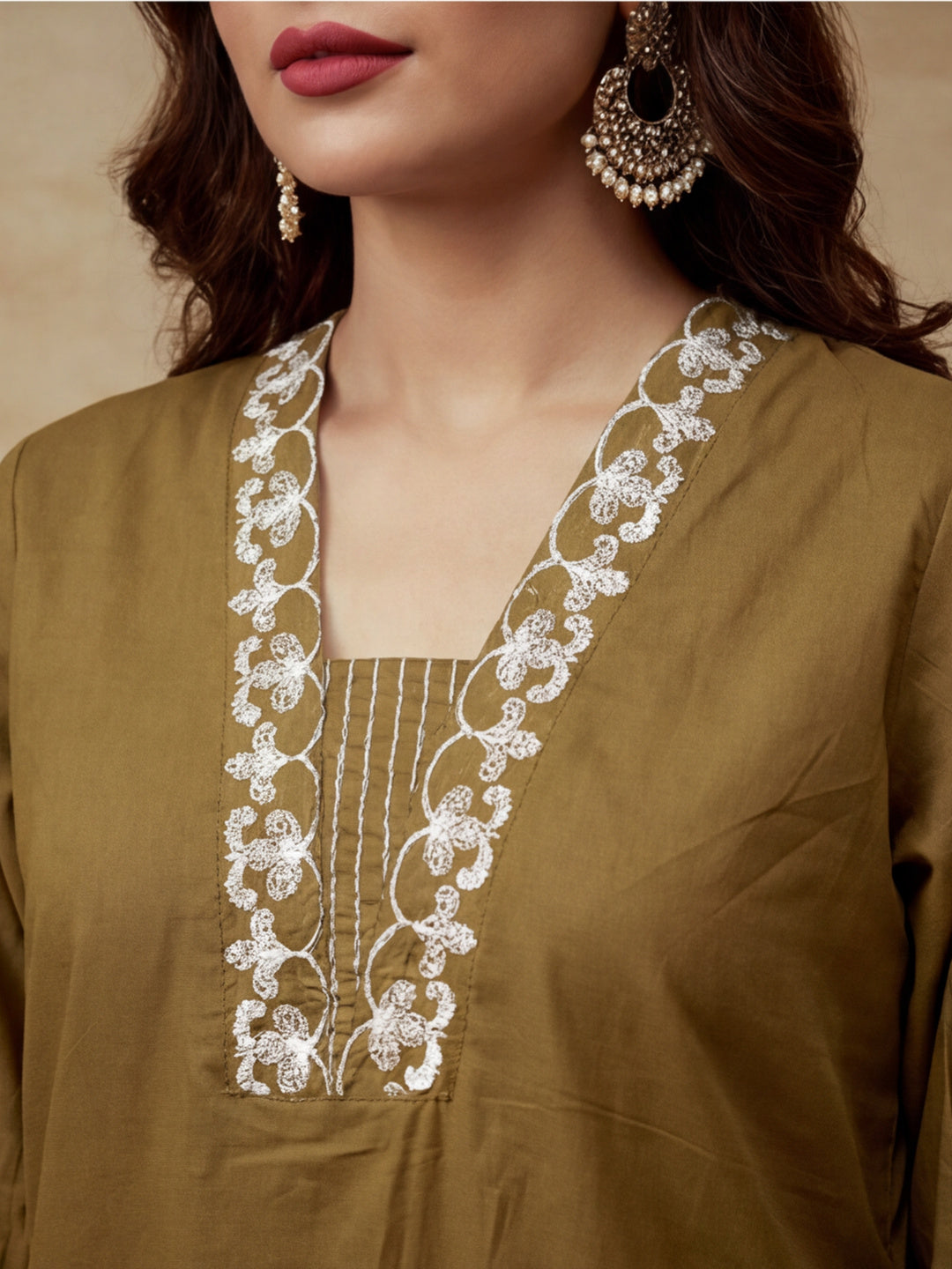 Floral Embroidered A-Line Cotton Cambric Kurta & Trousers Sets