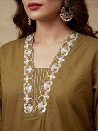 Floral Embroidered A-Line Cotton Cambric Kurta & Trousers Sets