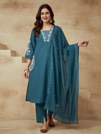 Embroidered Cotton Blend V-Neck Kurta & Trousers With Dupatta